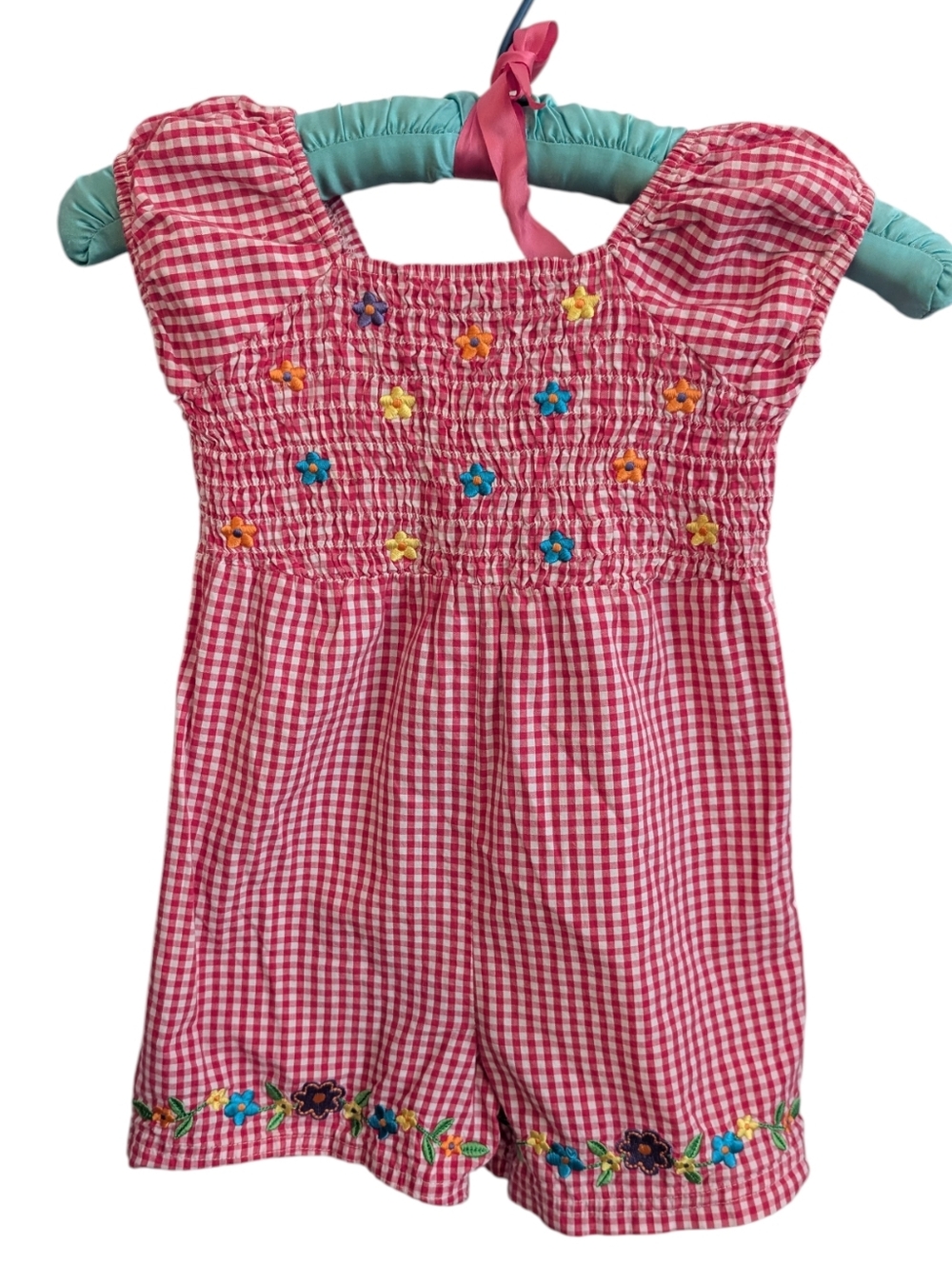 Vintage Girls Pink White Checkered Floral Embroidered Smocked Shorts Romper 5